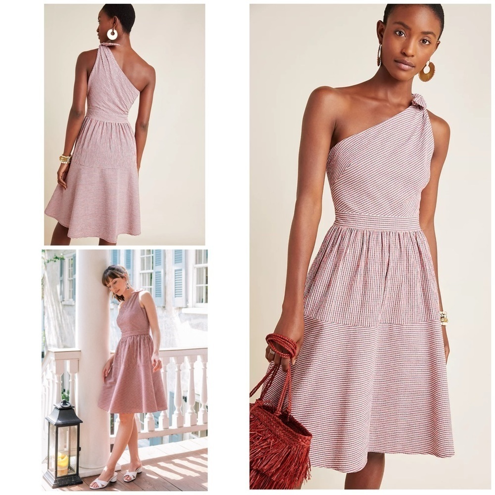 Gal Meets Glam Martha One-Shoulder Bow Striped Holiday Cocktail Party Mini Dress